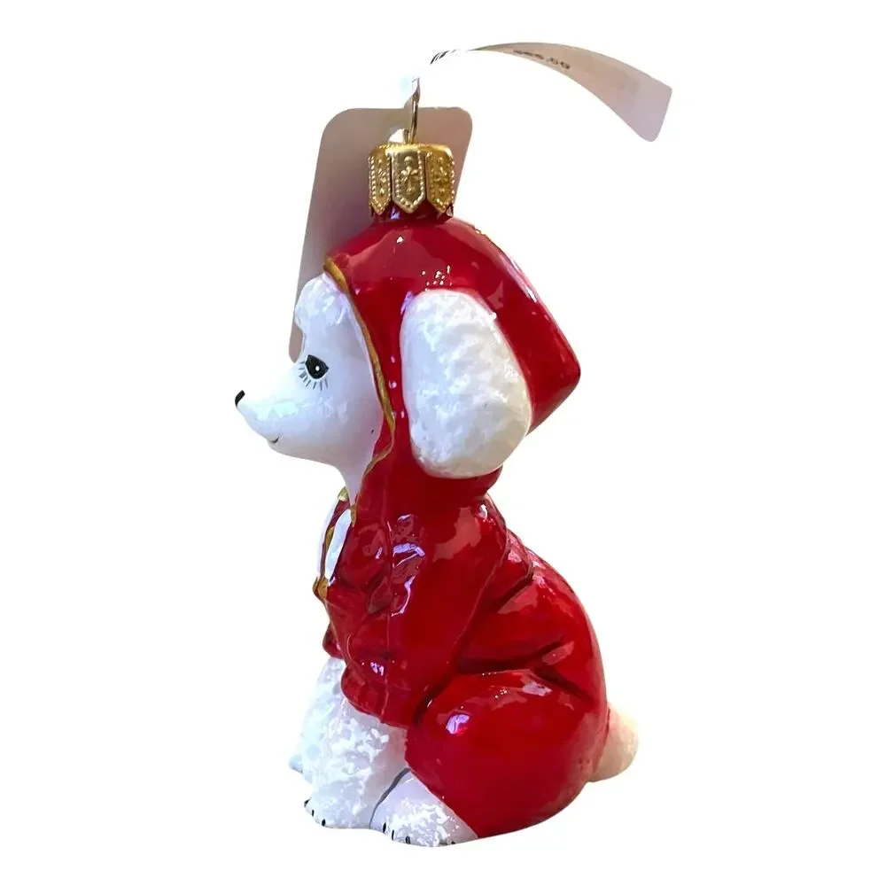 Joy to the World White Poodle in Red Hoodie Polish Glass Christmas Tree Ornament